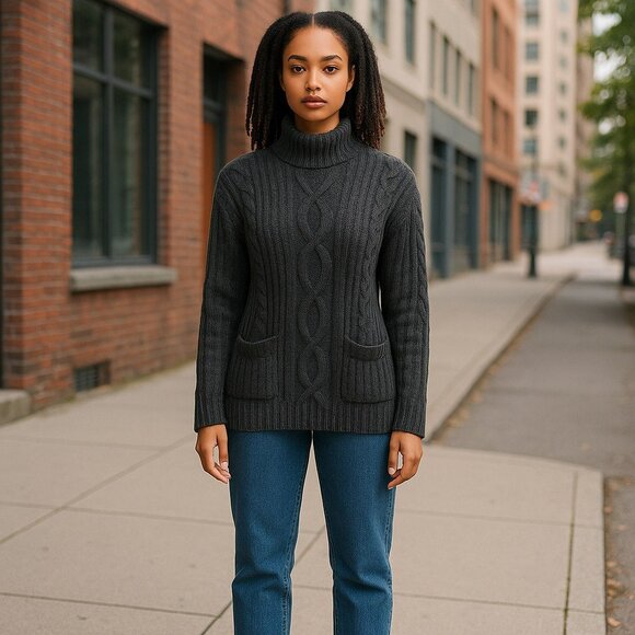 Abercrombie & Fitch Womens Size XS Gray Cable Knit Mock Neck Pockets Sweater - Picture 1 of 9